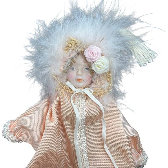 Porcelain Doll in Blush Striped Gown with Fur Trim - Picture 4 of 12